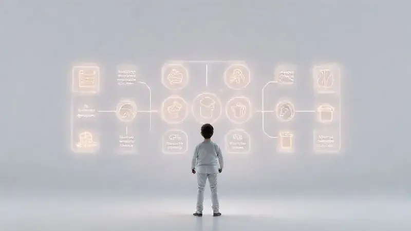 Ilustração conceitual de uma pessoa escolhendo o aspirador de pó ideal com base em um guia de compra com ícones de funcionalidades.