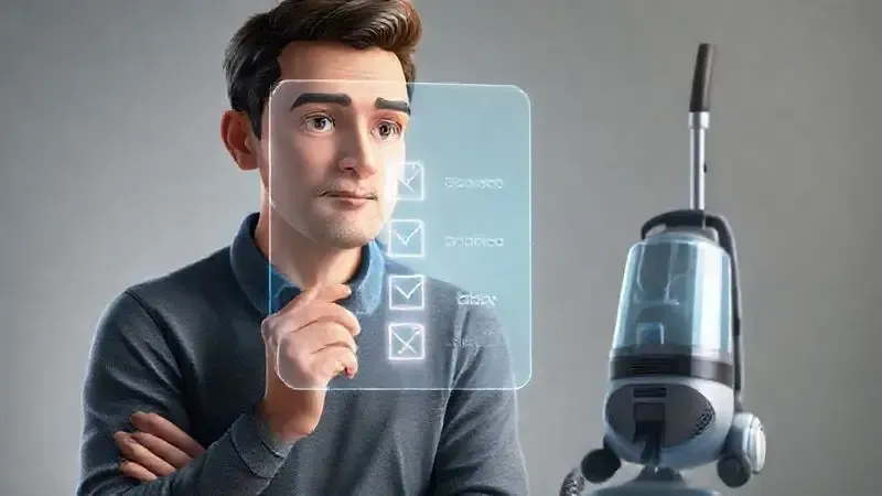 Ilustração conceitual de uma pessoa usando uma lista de critérios holográfica para decidir qual aspirador de pó comprar, focando em potência e filtragem.