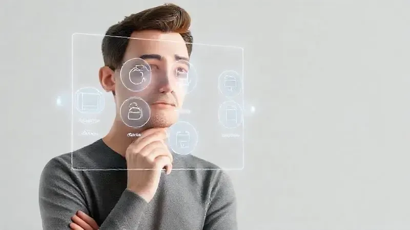 Ilustração conceitual de uma pessoa usando uma interface digital para escolher a melhor extratora com base em suas características e preço.