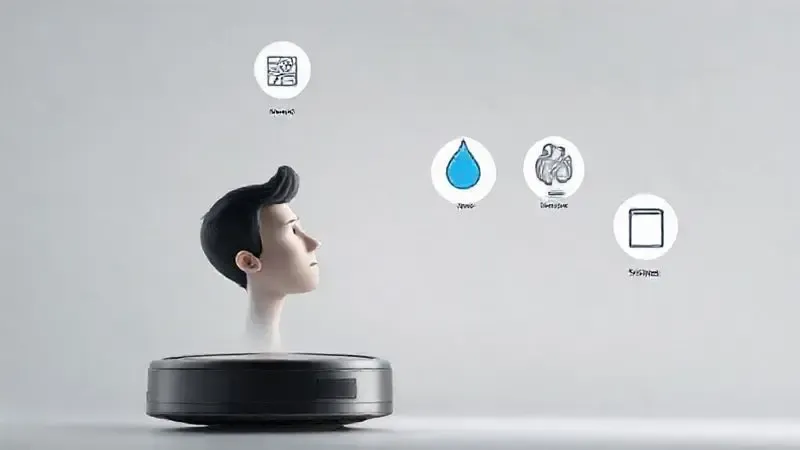 Ilustração de uma pessoa escolhendo funcionalidades de um robô aspirador, como mapeamento e mop, para encontrar o modelo ideal.