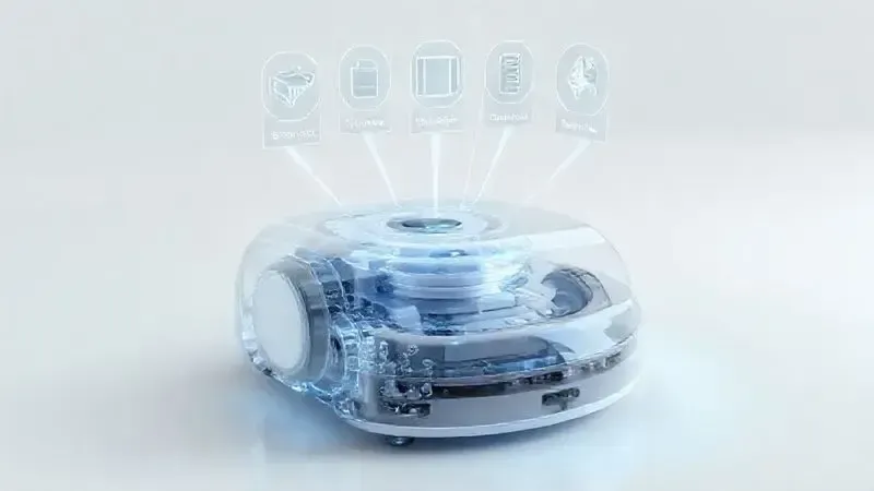 Ilustração conceitual de um robô aspirador com ícones de suas principais funções para ajudar na escolha do melhor modelo.