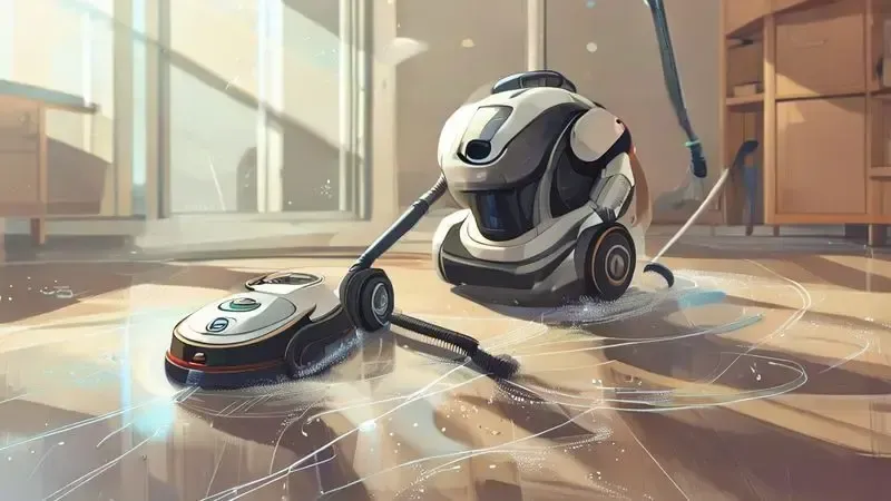 Ilustração conceitual de aspirador robô 3 em 1 executando três funções: varrer, aspirar e passar pano simultaneamente.
