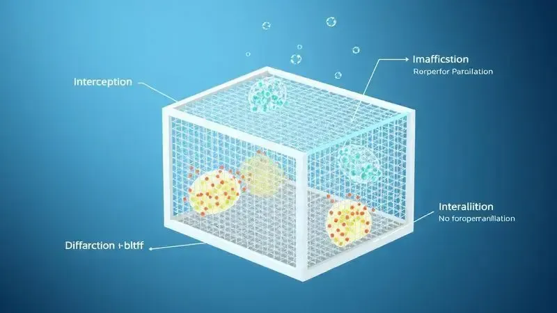 Diagrama 3D ilustrando os três mecanismos de filtração HEPA: interceptação, impacto e difusão em nível microscópico.