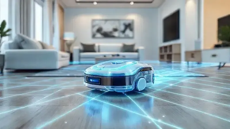 Ilustração 3D mostrando como um robô aspirador usa lasers para escanear e mapear um ambiente doméstico de forma inteligente.