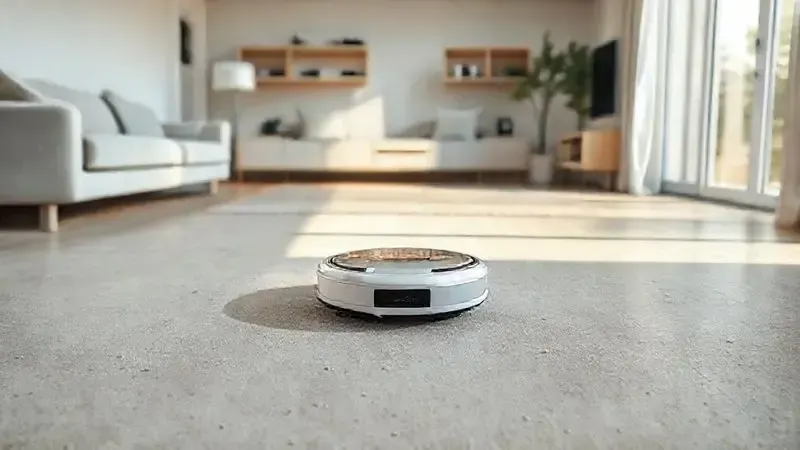 Ilustração de um robô aspirador genérico limpando eficientemente o chão de uma sala, demonstrando seu funcionamento na prática.