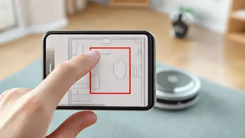 Render 3D de um aplicativo de smartphone criando uma zona de exclusão em um mapa digital para impedir o robô aspirador de acessar uma área específica.