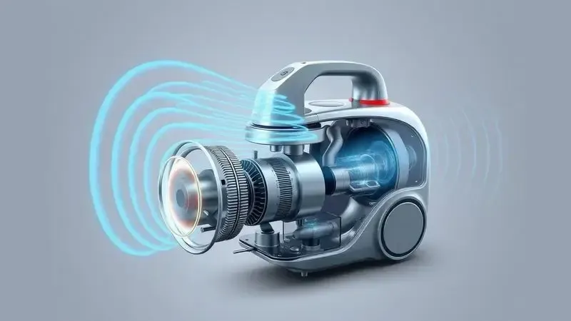 Ilustração 3D do interior de um aspirador mostrando como o motor e fluxo de ar geram ondas sonoras e vibrações.