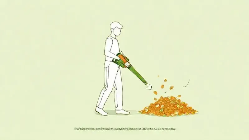 Ilustração demonstrando o movimento correto de varredura e a postura ideal para usar um soprador de folhas com segurança e eficiência.