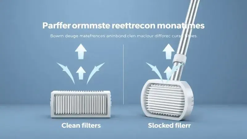 Ilustração comparativa mostrando diferença de fluxo de ar entre filtros limpos e entupidos para otimizar sucção do aspirador.