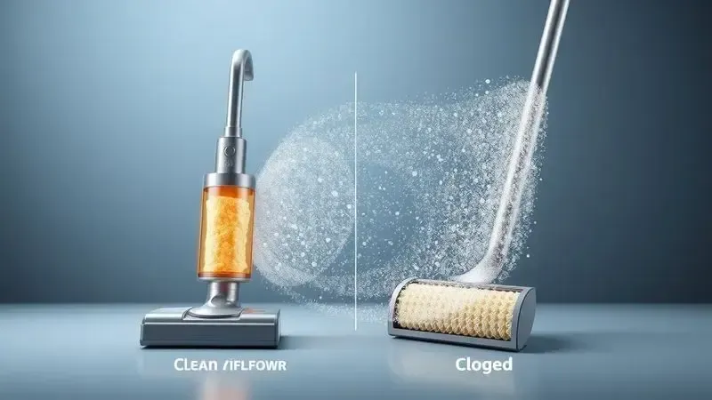 Comparação visual da eficiência de sucção com filtros limpos versus obstruídos em aspiradores