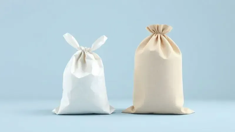 Comparação visual entre saco descartável de papel e saco permanente de tecido