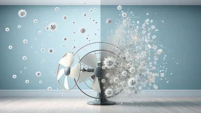 Ilustração comparativa mostrando ventilador limpo versus sujo espalhando poeira e alérgenos no ar.