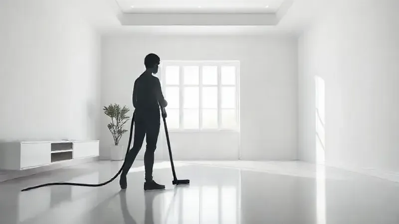 Ilustração de uma pessoa em uma casa perfeitamente limpa, contemplando a escolha final do melhor aspirador de pó para suas necessidades.