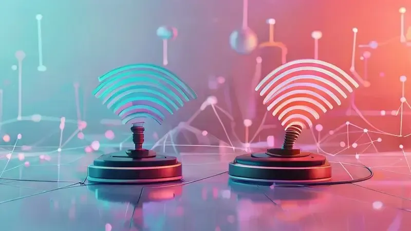 Cena conceitual de conexão Wi-Fi com frequências 2.4GHz e 5GHz convergindo para dispositivo