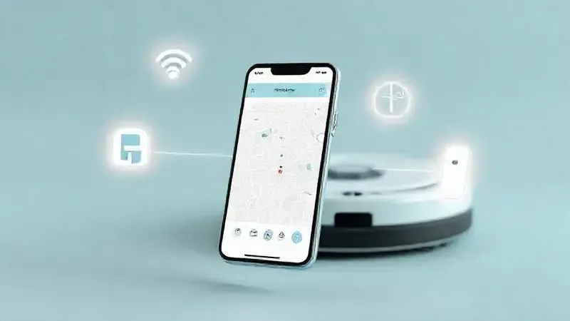 Ilustração sobre a conectividade de um aspirador robô, mostrando o controle via aplicativo de celular, comando de voz e controle remoto.