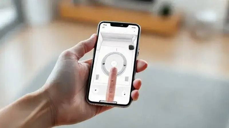 Mão segurando um smartphone com um aplicativo para controlar a limpeza de um robô aspirador, demonstrando a conectividade e o controle remoto.