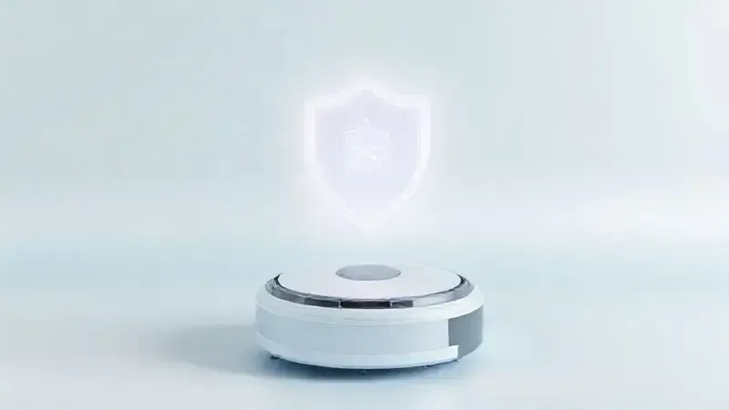 Ilustração conceitual de um escudo de confiança sobre um aspirador robô, abordando a questão se a marca Multi (Multilaser) é confiável.