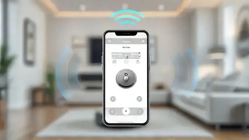 Ilustração conceitual do controle de um aspirador robô por meio de um aplicativo de smartphone, com ícones de Wi-Fi simbolizando a conectividade.
