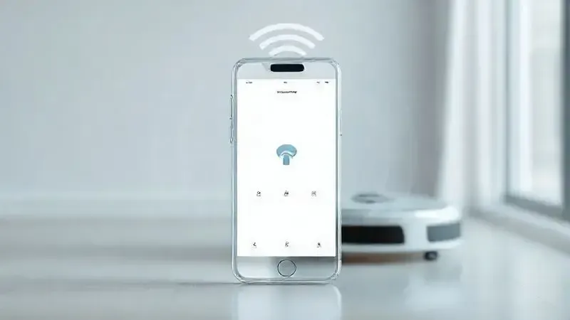 Render artístico mostrando a conectividade de um robô aspirador com um aplicativo de celular via Wi-Fi para controle de funções inteligentes.