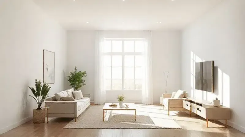 Render 3D de uma sala de estar impecavelmente limpa e iluminada, representando os cuidados com a casa para um ambiente saudável e livre de alérgenos.