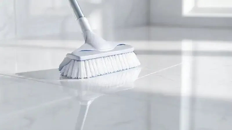 Ilustração 3D em close-up mostrando cerdas macias e protetoras limpando um piso de porcelanato brilhante, simbolizando a limpeza sem arranhões.