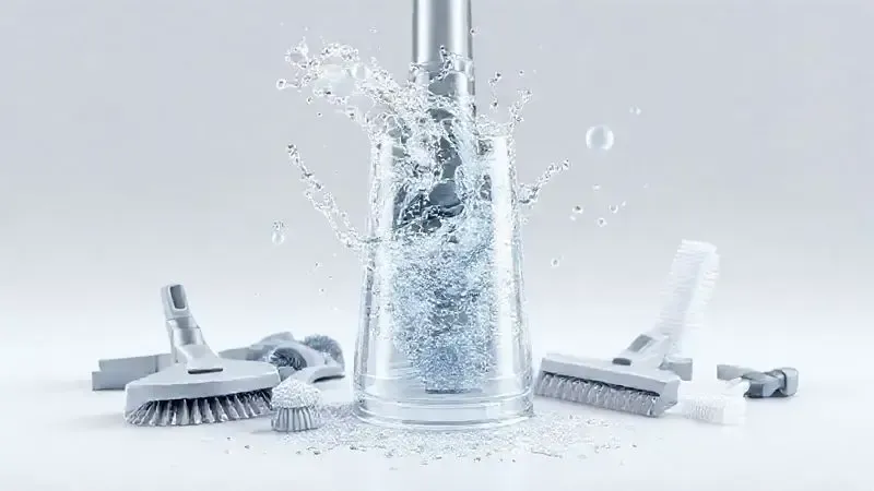 Ilustração 3D conceitual mostrando a potência de sucção de um aspirador com vários acessórios para diferentes tipos de limpeza.