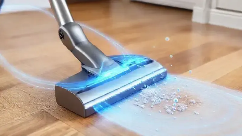 Render 3D que ilustra o conceito de alta potência de sucção em um aspirador de pó, mostrando o fluxo de ar limpando eficientemente um piso.
