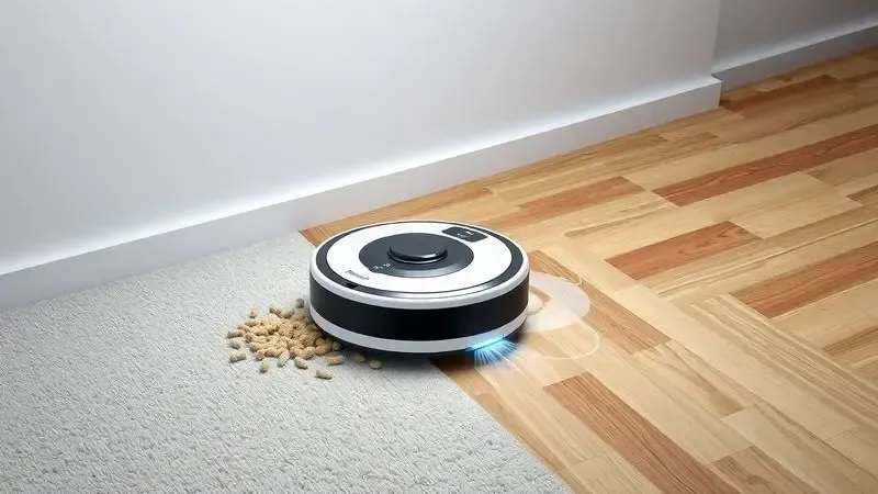Ilustração conceitual de robô aspirador limpando diferentes superfícies como carpete, madeira e piso frio