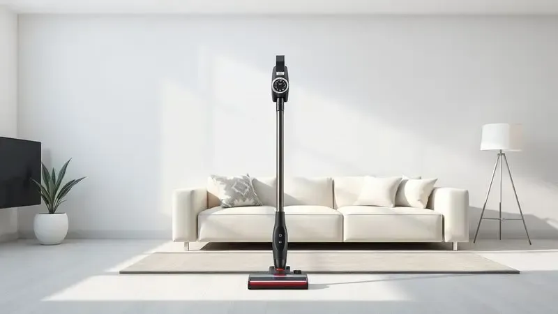 Ilustração conceitual do sistema 2 em 1 que transforma aspirador de piso em portátil para limpar móveis e superfícies