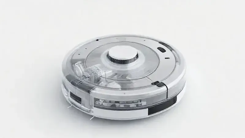 Ilustração 3D mostrando os componentes internos de um robô aspirador, destacando o design, construção e a facilidade de manutenção.