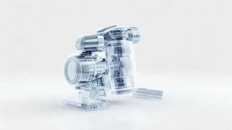 Ilustração conceitual do design e construção de um robô aspirador, mostrando a engenharia interna e os materiais de alta qualidade.