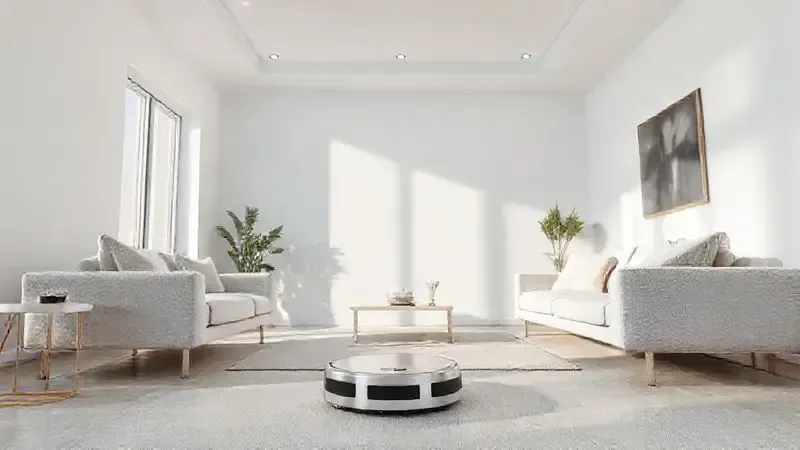 Ilustração conceitual do design de um robô aspirador moderno navegando com facilidade por uma sala de estar, destacando sua construção e usabilidade.