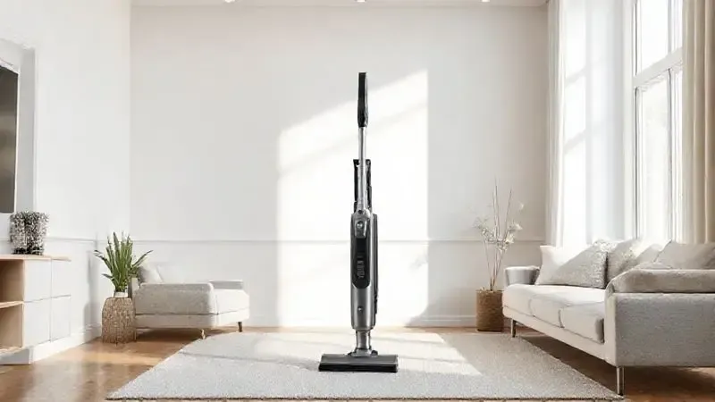 Ilustração conceitual do design moderno e compacto de um aspirador de pó vertical, perfeitamente integrado à decoração de uma sala de estar.