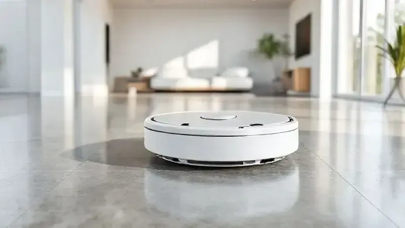 Ilustração 3D conceitual de um robô aspirador com design minimalista em um ambiente moderno, destacando a estética da tecnologia para casa.