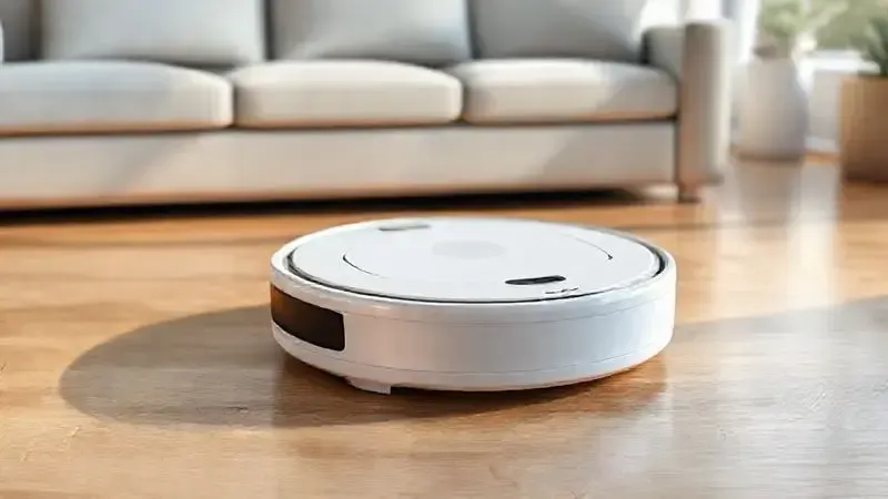 Ilustração conceitual do design de um robô aspirador moderno, mostrando sua integração com a decoração de uma sala de estar.