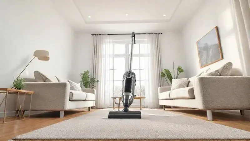 Ilustração conceitual do design e usabilidade de um aspirador de pó, mostrando facilidade de movimento e manuseio em um ambiente doméstico moderno.