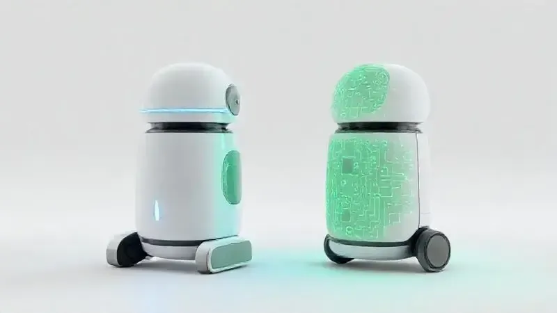 Render 3D de dois robôs aspiradores conceituais lado a lado, ilustrando a diferença de tecnologias entre os modelos KaBuM Smart 700 e 900.