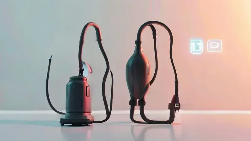Ilustração artística que representa o dilema entre aspirador com fio e sem fio, focando na mobilidade versus autonomia da bateria.