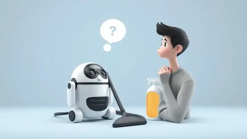 Dúvida sobre colocar produto de limpeza no robô aspirador - ilustração conceitual de compatibilidade