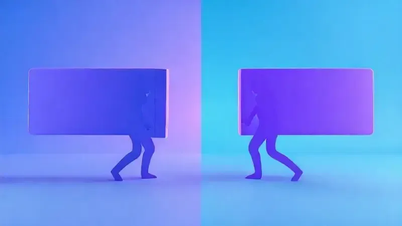 Ilustração 3D de dois aspiradores conceituais se enfrentando, representando o duelo de tecnologia premium entre Dyson e Samsung.