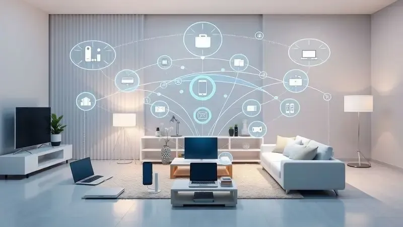 Ecosistema de dispositivos inteligentes interconectados em uma casa moderna