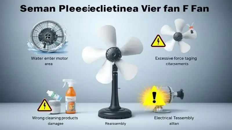 Ilustração conceitual dos erros comuns na limpeza que podem danificar motor do ventilador.