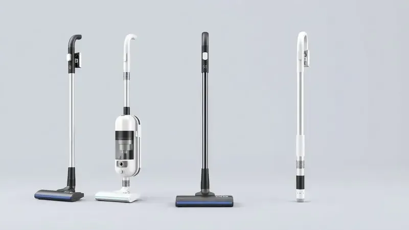 Ilustração conceitual de design de aspiradores compactos com características de economia de espaço e portabilidade.