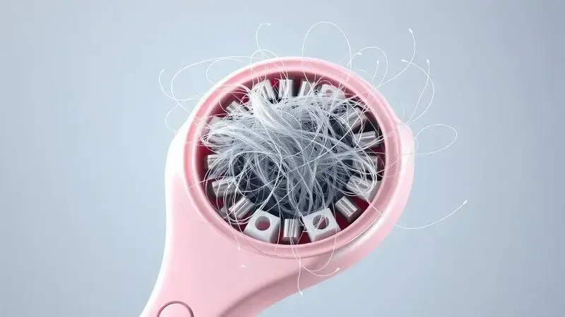 Ilustração conceitual mostrando escova rotativa com fios enrolados sendo removidos