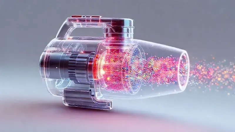 Ilustração conceitual do sistema de filtragem e motor de um aspirador de pó, destacando sua tecnologia e design interno.