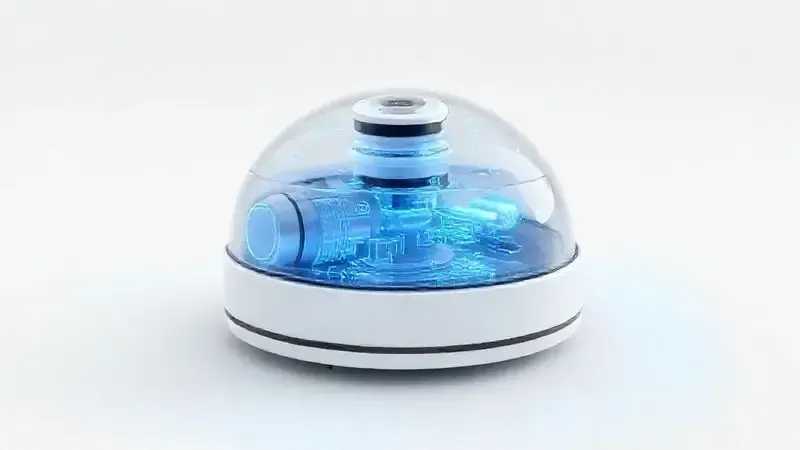Ilustração 3D mostrando a ficha técnica e os componentes internos de um aspirador robô genérico, representando a análise detalhada do modelo.