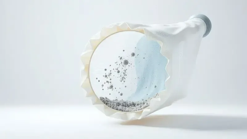 Ilustração conceitual mostrando o processo de filtragem e retenção de micropartículas em saco de aspirador