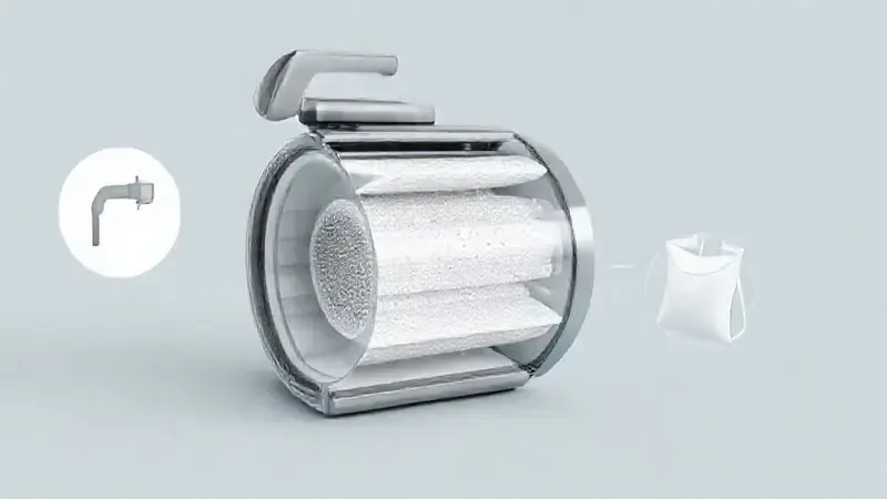 Renderização 3D conceitual mostrando o sistema de filtro, o cabo retrátil e o saco coletor de um aspirador de pó.