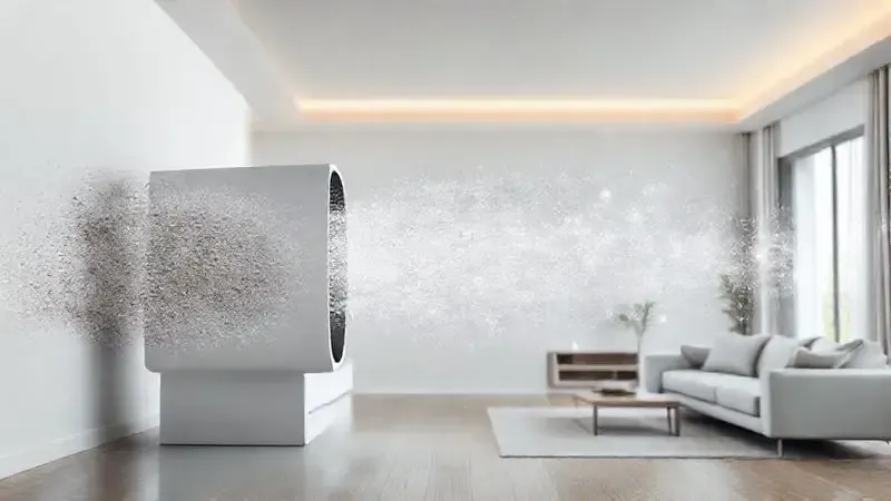 Ilustração conceitual de um filtro HEPA purificando o ar, mostrando partículas de poeira sendo retidas e ar limpo sendo liberado em um ambiente.