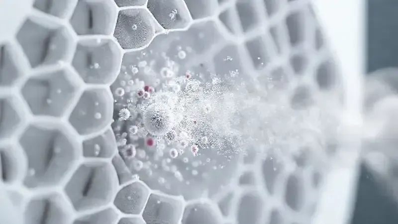 Animação 3D de um filtro HEPA em ação, capturando partículas microscópicas de poeira e alérgenos enquanto o ar limpo flui através dele.